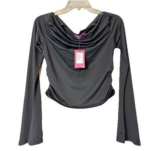Edikted Bell Sleeve Draped Cowl Neck Black Top Ruched Sides Women’s L New W/ Tag
